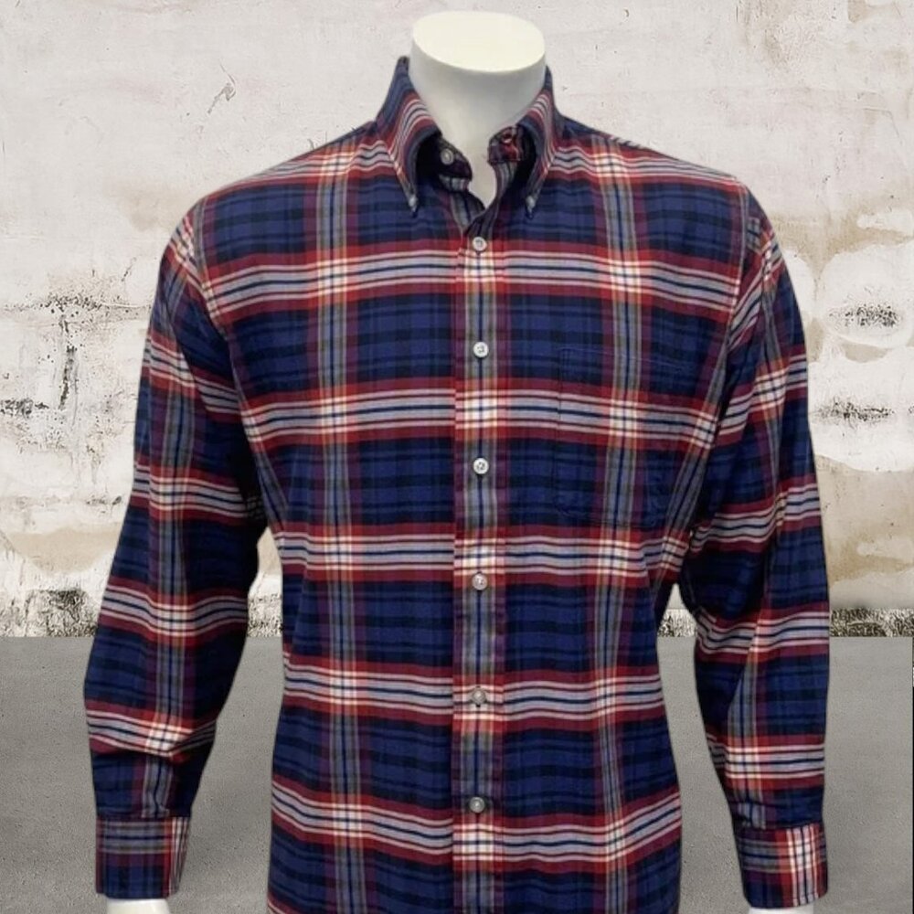 Vintage L.L. Bean Red White Blue Yellow Plaid Single Needle Shirt Made in USA